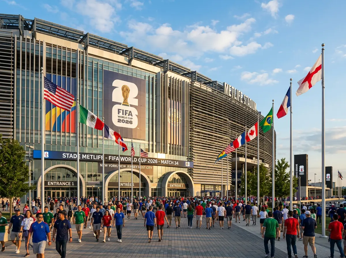 Façade extérieure moderne du MetLife Stadium avec drapeaux des nations participantes